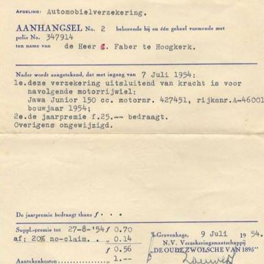 Kenteken: A 46001; Verzekeringsbewijs JAWA Junior 1954, foto: A. Faber