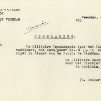 Kenteken: A 4439; Ford, verklaring uit het archief van het Militair Gezag, DMC Veendam, 08-06-1945 (66-71)