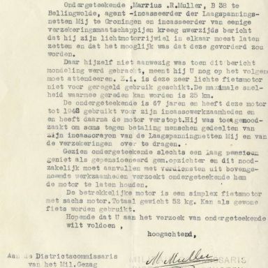 Kenteken: A 21773; Correspondentie over de Simplex fiets met Saxmotor uit het archief van het Militair Gezag, DMC Winschoten, 24-07-1945 (67-83)