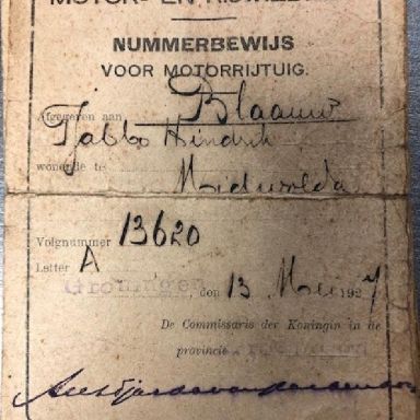 Kenteken: A 13620; Nummerbewijs, foto: A. D. den Hartogh