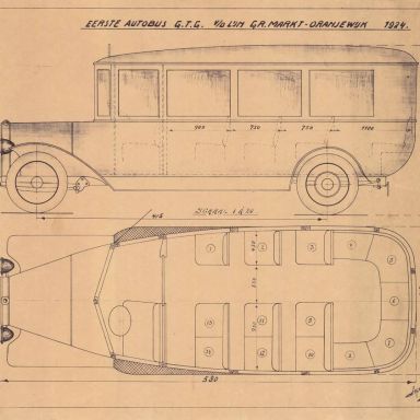 Kenteken: A 9258; Zijaanzicht, doorsnede en plattegrond van de Faun bus, J. Mulder, 1924 (1536_2631)