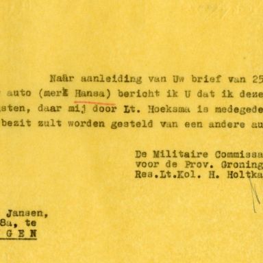Kenteken: A 33138; Correspondentie over de Hansa uit het archief van het Militair Gezag, Provinciale Militaire Commissaris, 1945 (63-167)