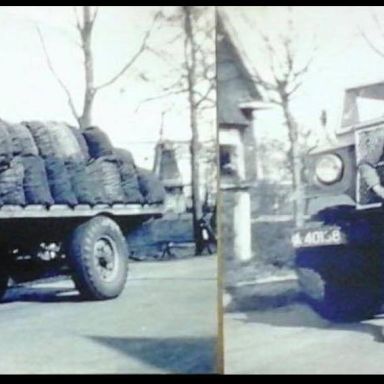 Kenteken: A 40138; Dhr. Komies met een Chevrolet dumptruck vol kolen, die hij vanuit Winschoten naar Onstwedde had vervoerd, Joechemloantje, Onstwedde, foto: E. Klijnstra-Komies 
