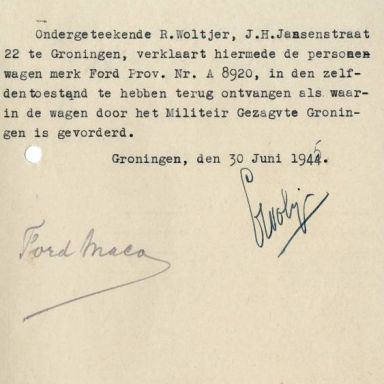Kenteken: A 8920; Verklaring teruggave Ford uit het archief van het Militair Gezag, Provinciale Militaire Commissaris, 30-06-1945 (63-167)