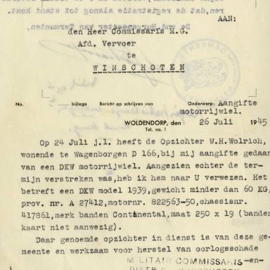 Kenteken: A 27412; Correspondentie over de DKW motor uit het archief van het Militair Gezag, DMC Winschoten, 26-07-1945 (67-83)