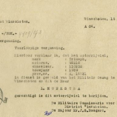 Kenteken: A 14031; Rijvergunning Triumph motorfiets uit het archief van het Militair Gezag, DMC Winschoten, 18-07-1945 (67-85)