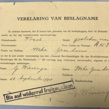 Kenteken: A 15843; Bewijs van vrijgeving uit archief Gemeente Leens (1256), foto: R. Mulder