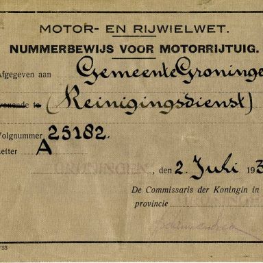 Kenteken: A 25182; Nummerbewijs uit archief Gemeentereiniging (1475-835)