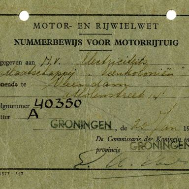 Kenteken: A 40350; Nummerbewijs uit het archief van de Electriciteits Maatschappij Veenkoloniën (2267-44)