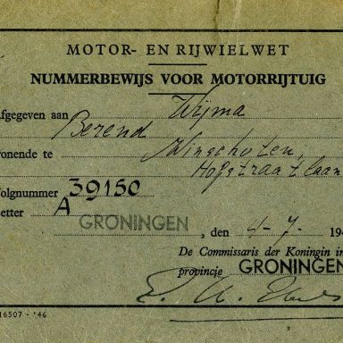 Kenteken: A 39150; Nummerbewijs, bijlage bij de registers van afgifte van nummerbewijzen (800-6159)