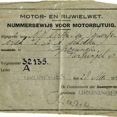 Kenteken: A 32135; Nummerbewijs uit archief Papier- en cartonfabriek v/h W.A. Scholten NV (395-572)