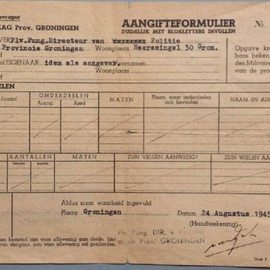 Kenteken: A 9799; Aangifteformulier rijvergunning 24-08-1946, foto: H. Modderman
