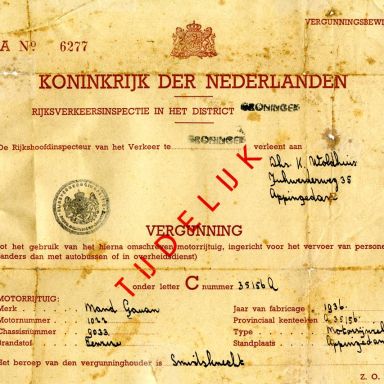 Kenteken: A 35156; Tijdelijk vergunningsbewijs, 03-04-1946, schenking familie Woldhuis.
