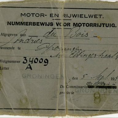 Kenteken: A 34009; Nummerbewijs uit het archief van A. du Bois (AW 2021-246)