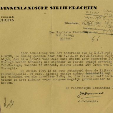 Kenteken: A 7090; Correspondentie over de DKW uit het archief van het Militair Gezag, DMC Winschoten, 29-05-1945 (67-83)