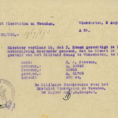 Kenteken: A 31768; Verklaring in dienststelling en rijvergunning Stevens motor uit het archief van het Militair Gezag, DMC Winschoten, 02-08-1945 (67-85)
