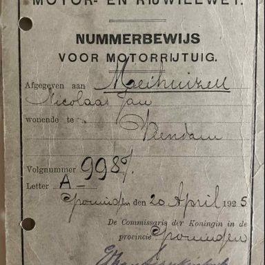 Kenteken: A 9987; Nummerbewijs, foto: familie Meihuizen