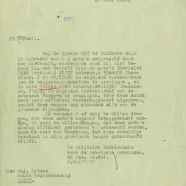 Kenteken: A 21237; Correspondentie over de Chevrolet uit het archief van het Militair Gezag, Provinciale Militaire Commissaris, 27-06-1945 (63-167)