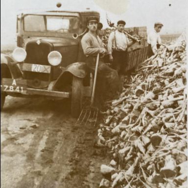 Kenteken: A 7841; Suikerbieten laden in de Chevrolet vrachtwagen, in het midden Hidde Groenewold, ca. 1938, foto: <a href='https://www.facebook.com/people/Oud-Bedum/100070047341508/' target='_blank'>facebook Oud Bedum</a>
