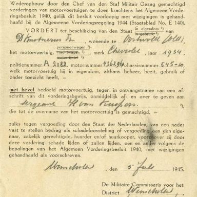 Kenteken: A 2082; Vordering uit het archief van het Militair Gezag, DMC Winschoten, 05-07-1945, (272-83)