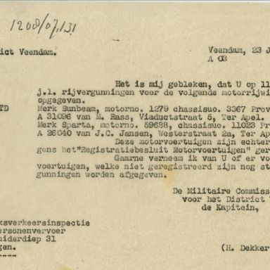 Kenteken: A 31096; Correspondentie afgifte rijvergunning Sunbeam motor, 23-06-1945. uit het archief van het Militair Gezag, DMC Veendam (66-69)