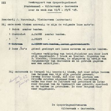 Kenteken: A 26225; Rapport niet geregistreerde Chevrolet uit het archief van het Militair Gezag, DMC Veendam, juni 1945 (66-72)