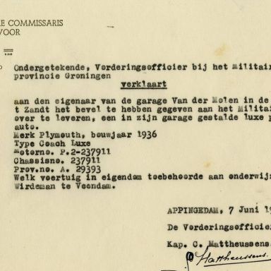 Kenteken: A 29393; Bevel invordering Plymouth uit het archief van het Militair Gezag, DMC Appingedam, 07-06-1945 (64-71)
