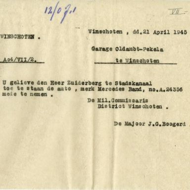 Kenteken: A 24356; Mercedes, brief uit het archief van het Militair Gezag, DMC Winschoten, 21-04-1945 (67-84)