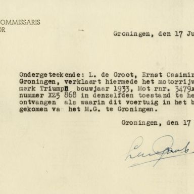 Kenteken: A 30897; Verklaring teruggave Triumph uit het archief van het Militair Gezag, Provinciale Militaire Commissaris, 17-07-1945 (63-167)