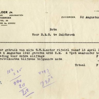 Kenteken: A 24881; Nota A. Loer voor het gebruik van zijn TWN motor door de N.B.S. uit archief van het Militair Gezag, Provinciale Militaire Commissaris, 30-08-1945 (63-167)