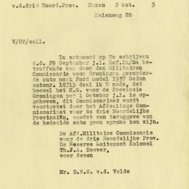 Kenteken: A 16315; Correspondentie over teruggave Ford uit archief van het Militair Gezag, Provinciale Militaire Commissaris, 02-10-1945 (63-167)