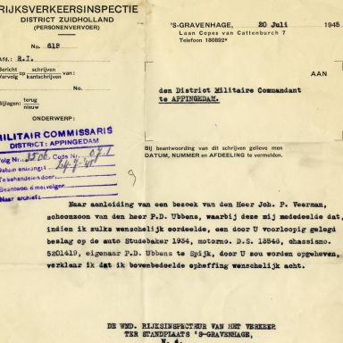 Kenteken: A 14327; Opheffing voorlopige beslaglegging Studebaker uit het archief van het Militair Gezag, DMC Appingedam, 20-07-1945 (64-71)