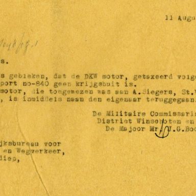Kenteken: A 33265; Terruggave DKW uit het archief van het Militair Gezag, DMC Winschoten, 11-08-1945 (67-84)
