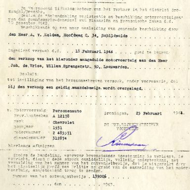 Kenteken: A 12178; Beschikking Rijksverkeersinspectie, 25-02-1944 uit archief garagebedrijf Koldam (394-137)