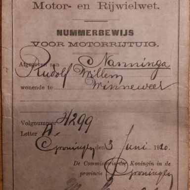 Kenteken: A 4299; Nummerbewijs Rudolf Willem Nanninga, foto: J. Tonckens