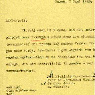 Kenteken: A 26088; Mededeling teruggave Triumph motor uit het archief van het Militair Gezag, Provinciale Militaire Commissaris, 07-06-1945 (63-167)