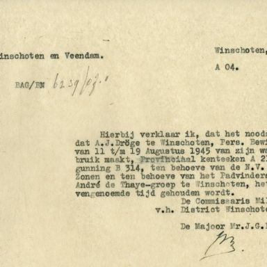 Kenteken: A 21335; Rijvergunning uit het archief van het Militair Gezag, DMC Winschoten, 09-08-1945 (67-84)
