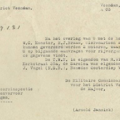 Kenteken: A 28964; Toestemming invordering van een TWN en Saroléa motor, uit het archief van het Militair Gezag, DMC Veendam, 03-05-1945 (66-71)