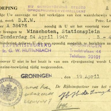 Kenteken: A 38476; Oproep verkrijgen waardebewijs 1947, uit archief Houthandel J.M. Meihuizen & Zoon (1865-2425)