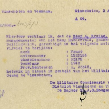 Kenteken: A 33345; Rijvergunning Framo motor uit het archief van het Militair Gezag, DMC Winschoten, 03-08-1945 (67-85)