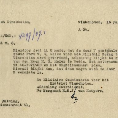 Kenteken: A 25270; Correspondentie over de Ford V8 uit het archief van het Militair Gezag, DMC Winschoten, 16-07-1945 (67-83)