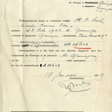 Kenteken: A 25603; Aanvraagformulier Nummerbewijs, bijlage bij de registers van afgifte van nummerbewijzen (800-6159)