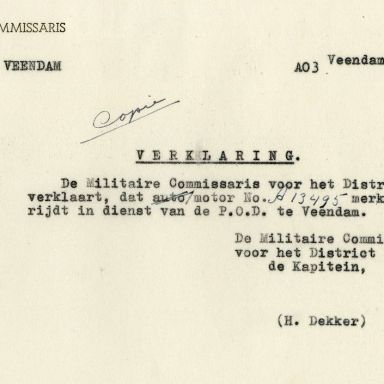 Kenteken: A 13495; Batavus, verklaring uit het archief van het Militair Gezag, DMC Veendam, 08-06-1945 (66-71)