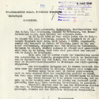Kenteken: A 22068; Correspondentie over de DKW uit het archief van het Militair Gezag, Provinciale Militaire Commissaris, 07-06-1945 (63-167)