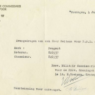 Kenteken: A 32916; Bewijs van overdracht van de Peugeot uit archief van het Militair Gezag, Provinciale Militaire Commissaris, 01-06-1945 (63-172)