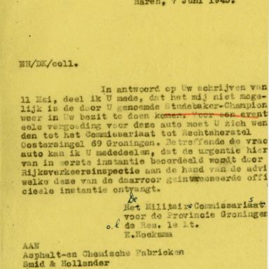 Kenteken: A 28494; Correspondentie over de Studebaker Champion uit het archief van het Militair Gezag, Provinciale Militaire Commissaris, 07-06-1945 (63-167)