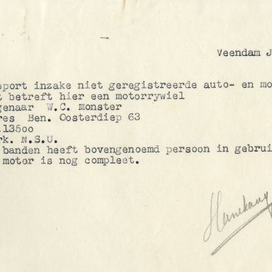 Kenteken: A 13500; Rapport niet geregistreerde NSU motor uit het archief van het Militair Gezag, DMC Veendam,  juni 1945 (66-72)