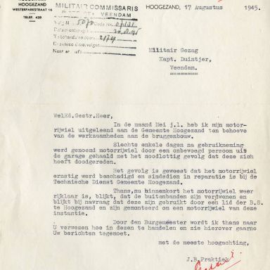 Kenteken: A 25577; Brief van J. B. Praktiek over zijn motor uit het archief van het Militair Gezag, DMC Veendam, 17-08-1945 (66-71)