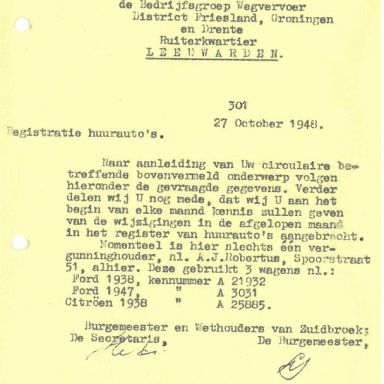 Kenteken: A 25885; Registratie Huurauto's, bron: gemeentearchief Menterwolde (HSS-MW-MFP05)