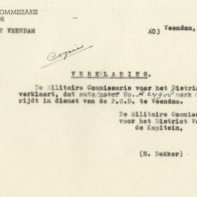 Kenteken: A 24908; Citroën, verklaring uit het archief van het Militair Gezag, DMC Veendam, 08-06-1945 (66-71)